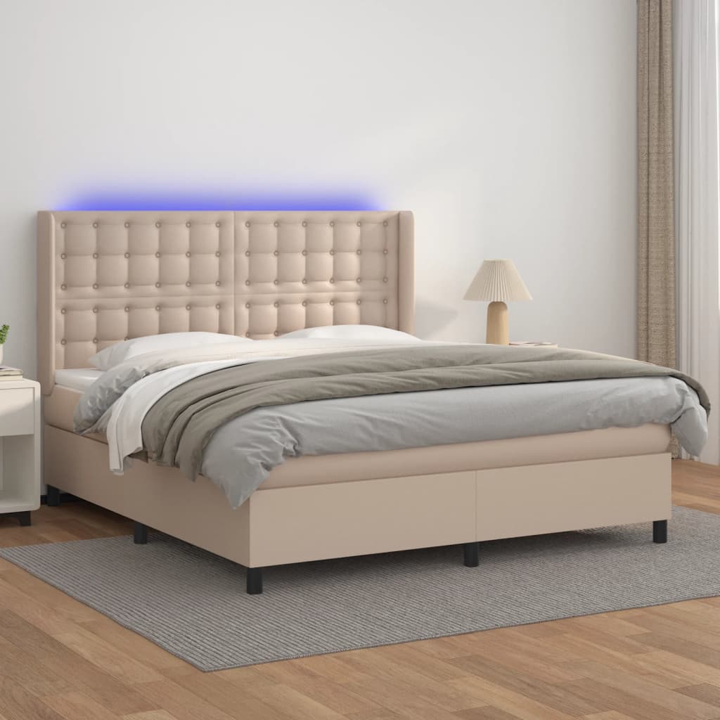 Cama box spring colchón LED cuero sintético capuchino 100x200cm