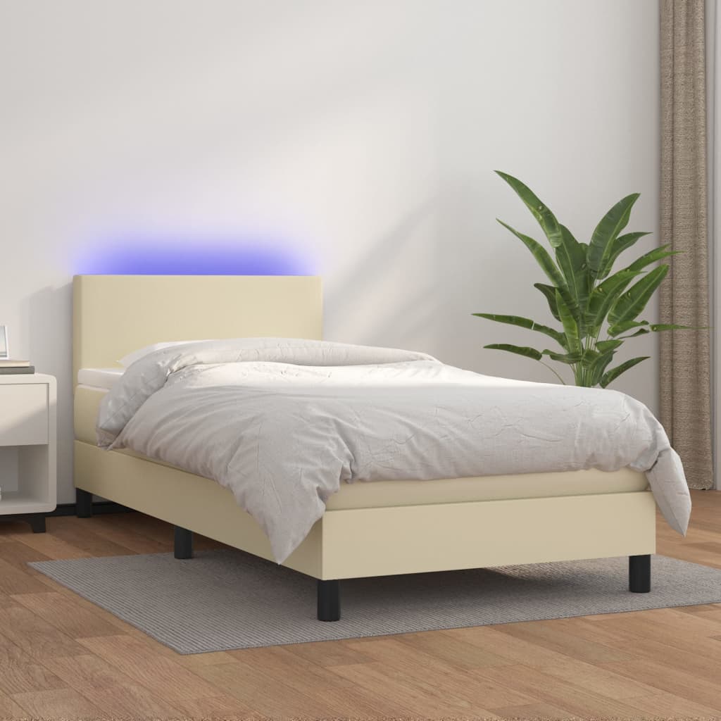 Cama box spring colchón LED cuero sintético capuchino 100x200cm