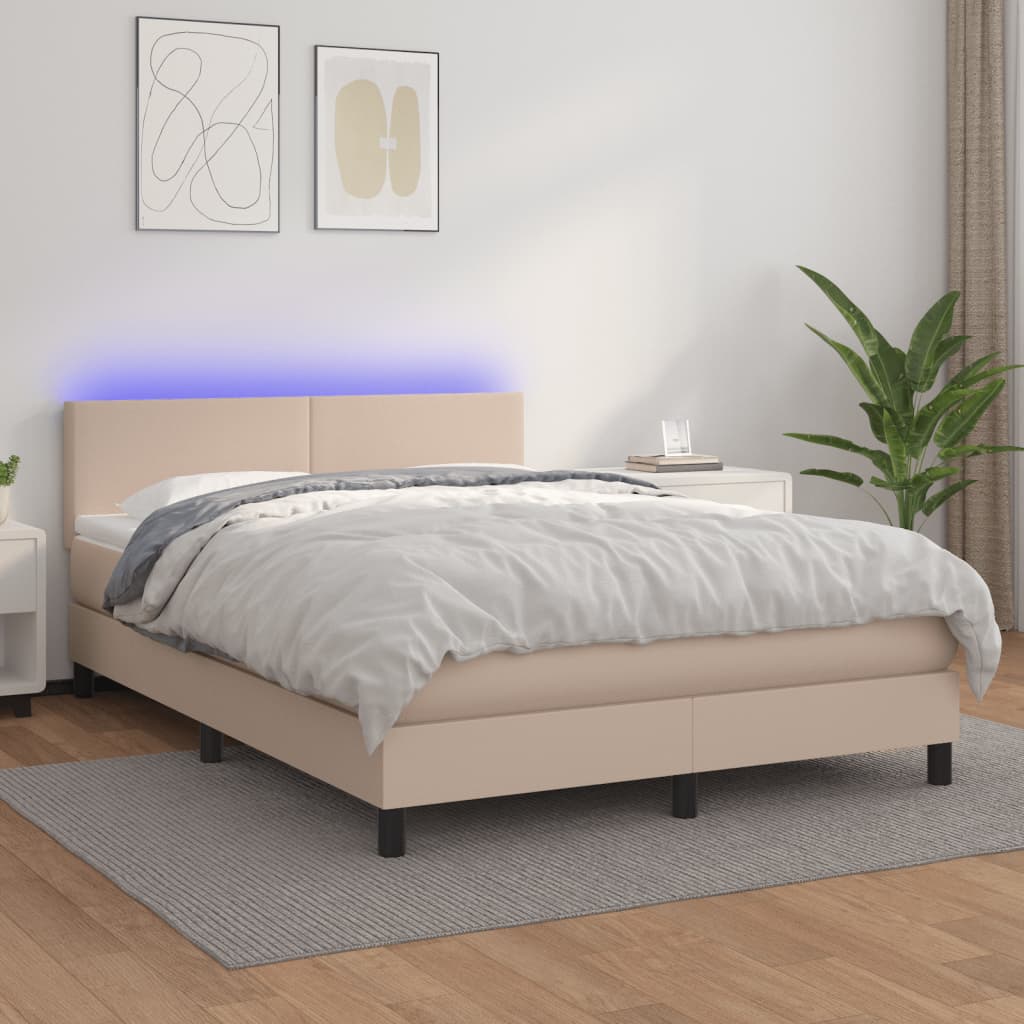 Cama box spring colchón LED cuero sintético capuchino 100x200cm