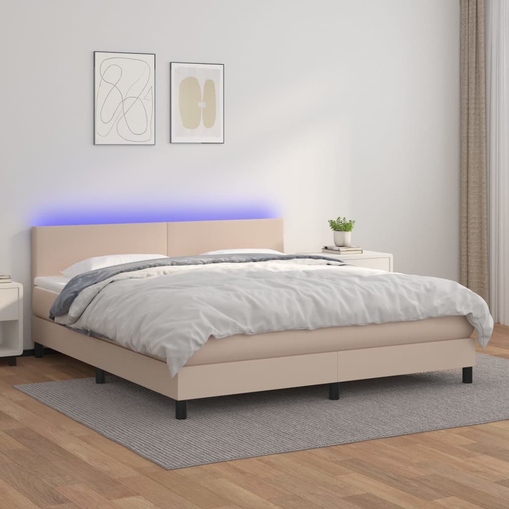 Cama box spring colchón LED cuero sintético capuchino 100x200cm