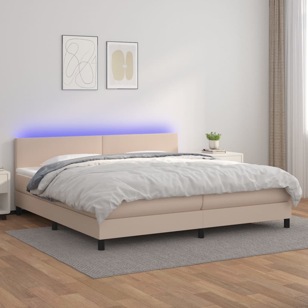 Cama box spring colchón LED cuero sintético capuchino 100x200cm