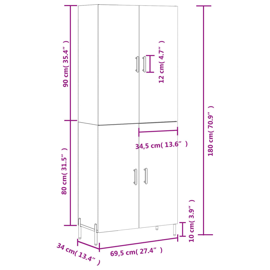 Aparador alto madera contrachapada roble ahumado 69,5x34x180 cm