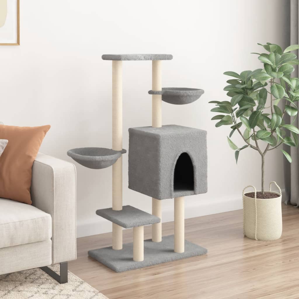 Rascador para gatos con postes de sisal gris claro 117 cm