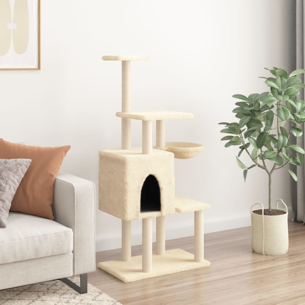 Rascador para gatos con postes de sisal crema 131 cm