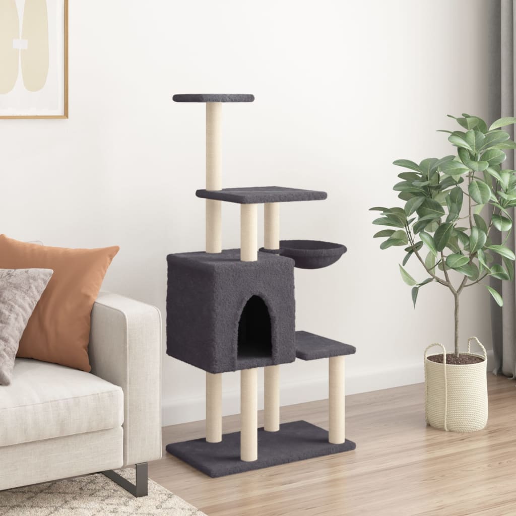 Rascador para gatos con postes de sisal gris oscuro 131 cm