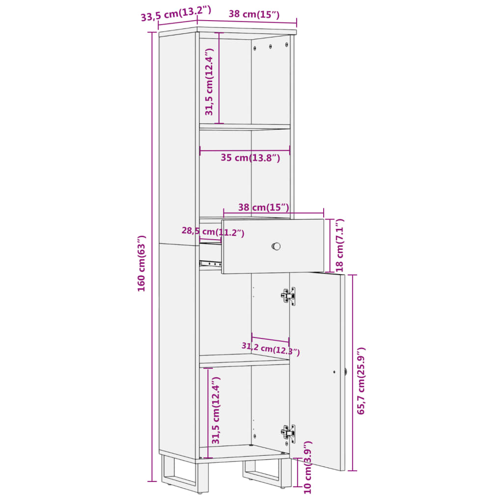 Mueble de baño madera maciza mango marrón negro 38x33,5x160 cm