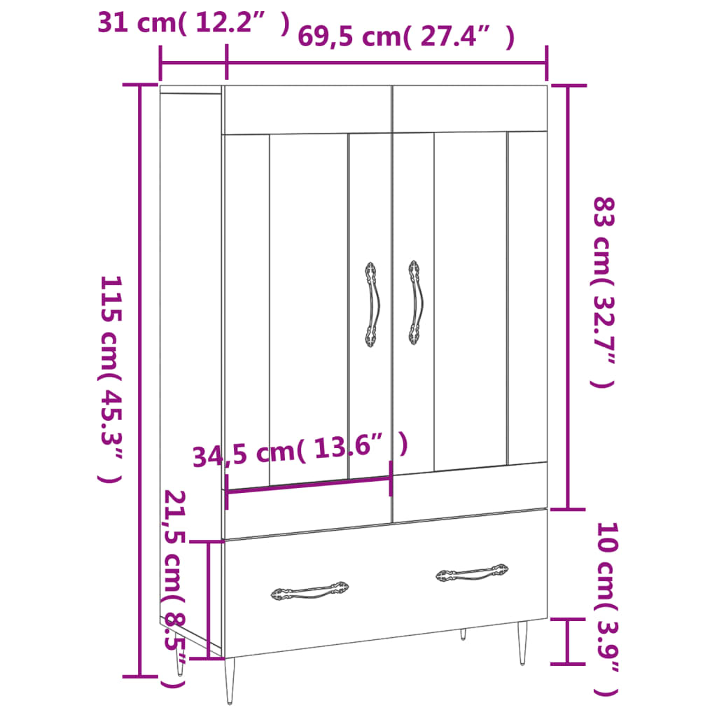 Aparador alto madera de ingeniería roble Sonoma 69,5x31x115 cm