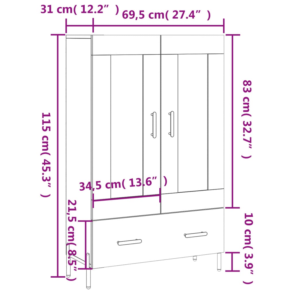 Aparador alto madera de ingeniería blanco brillo 69,5x31x115 cm