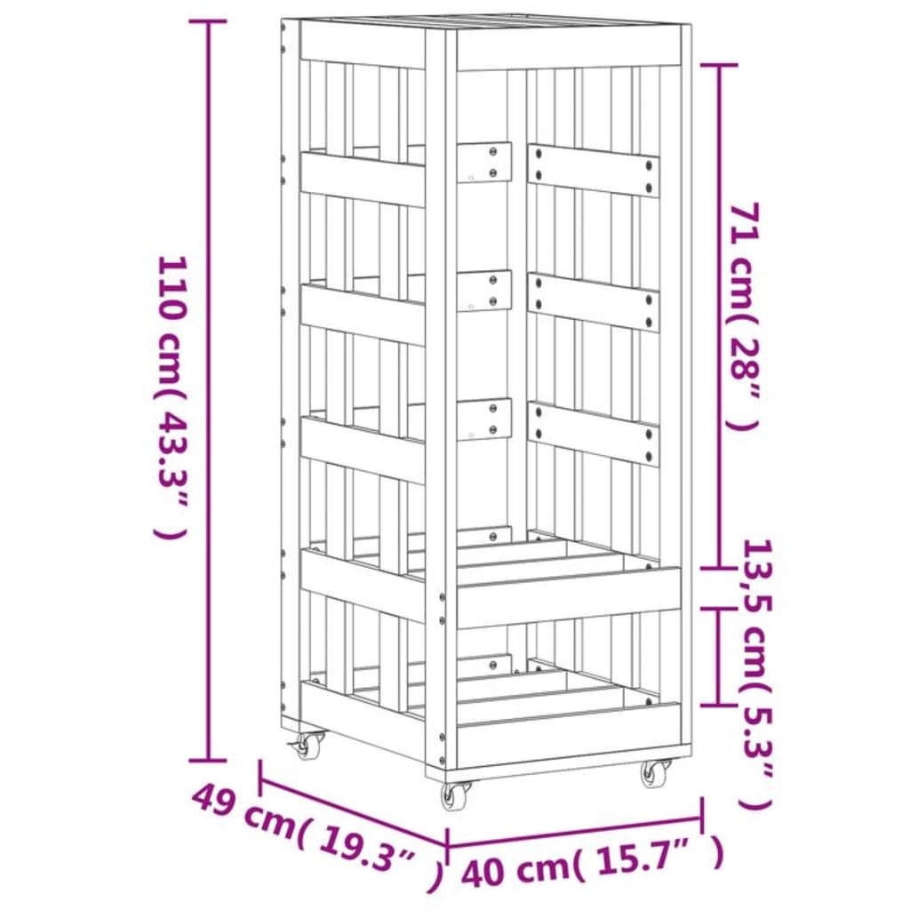 Leñero con ruedas madera maciza de pino 40x49x110 cm