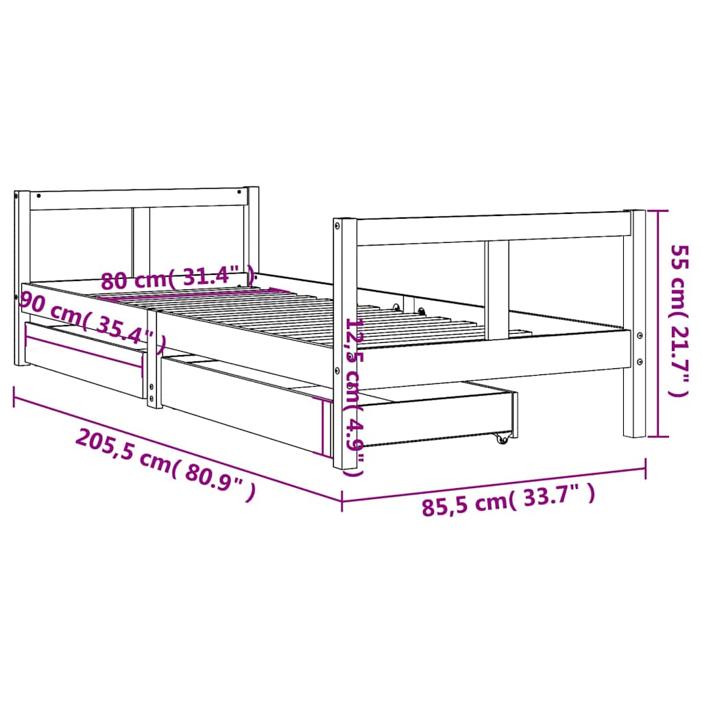 Estructura cama niños con cajones madera pino blanco 80x200 cm