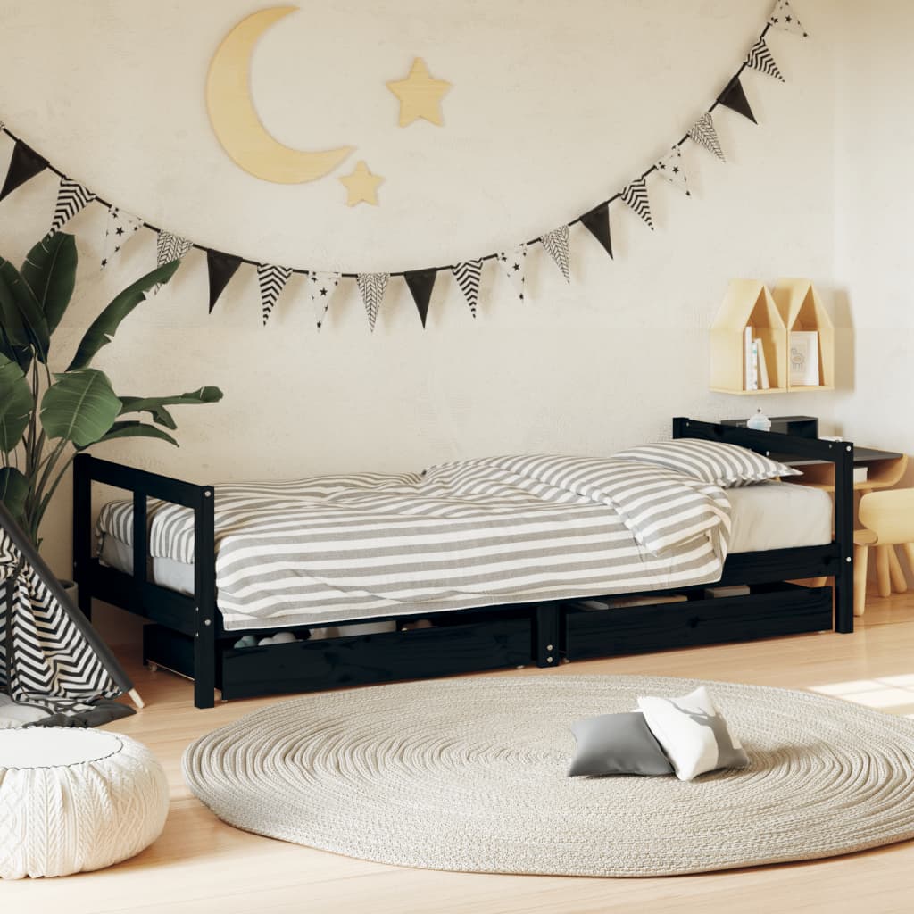 Children's bed frame with drawers, white pine wood, 80x200 cm