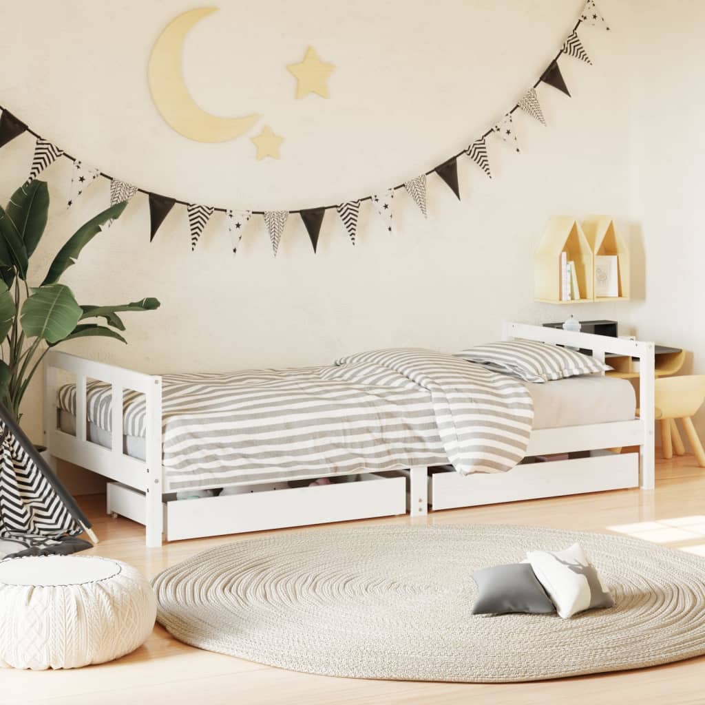 Children's bed frame with drawers, white pine wood, 80x200 cm