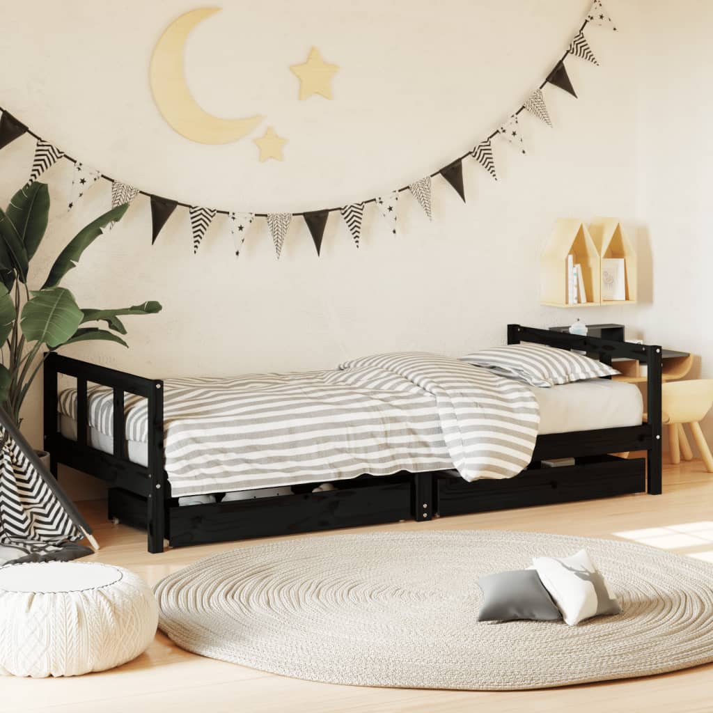 Children's bed frame with drawers, white pine wood, 80x200 cm