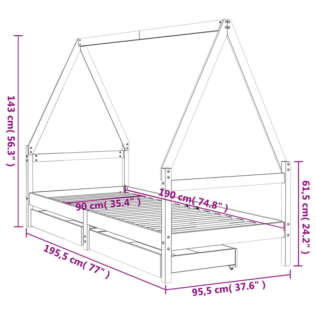 Estructura cama infantil y cajones madera pino blanco 90x190 cm