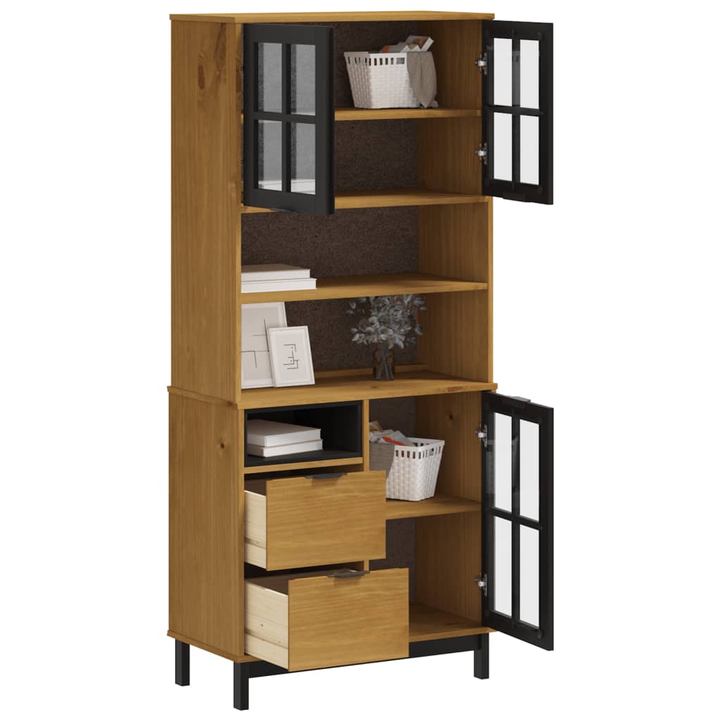 Aparador alto con puertas vidrio FLAM madera pino 80x40x180 cm
