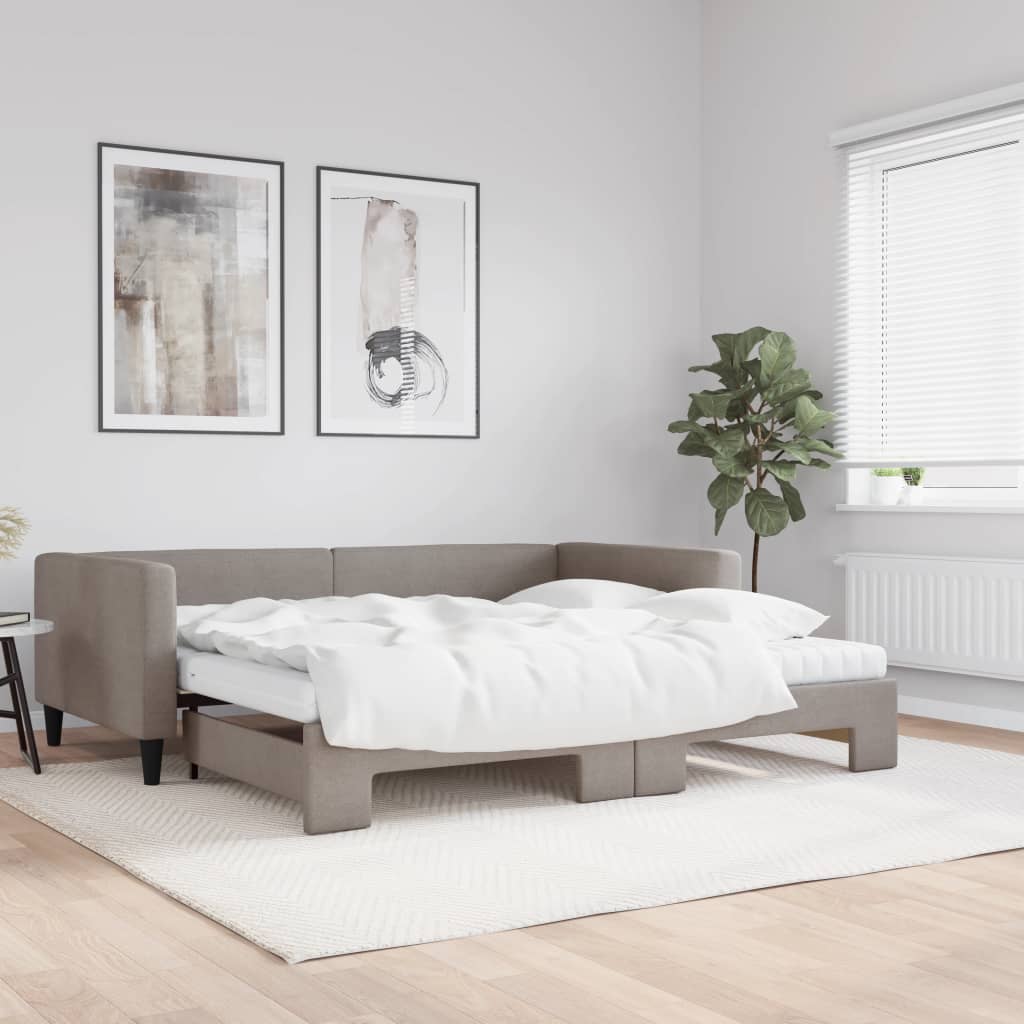 Daybed with trundle and mattress, dark grey fabric, 90x200 cm