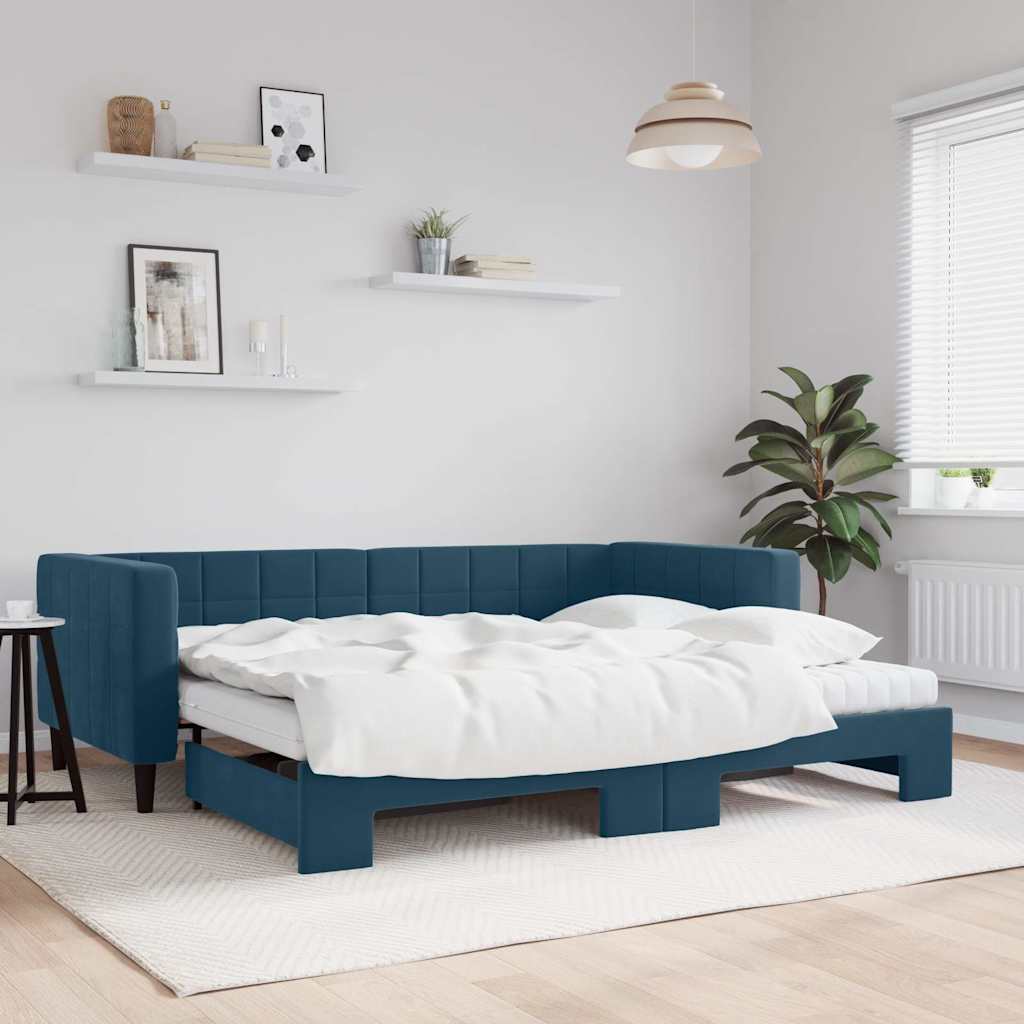 Trundle sofa bed with blue velvet mattress 90x200 cm
