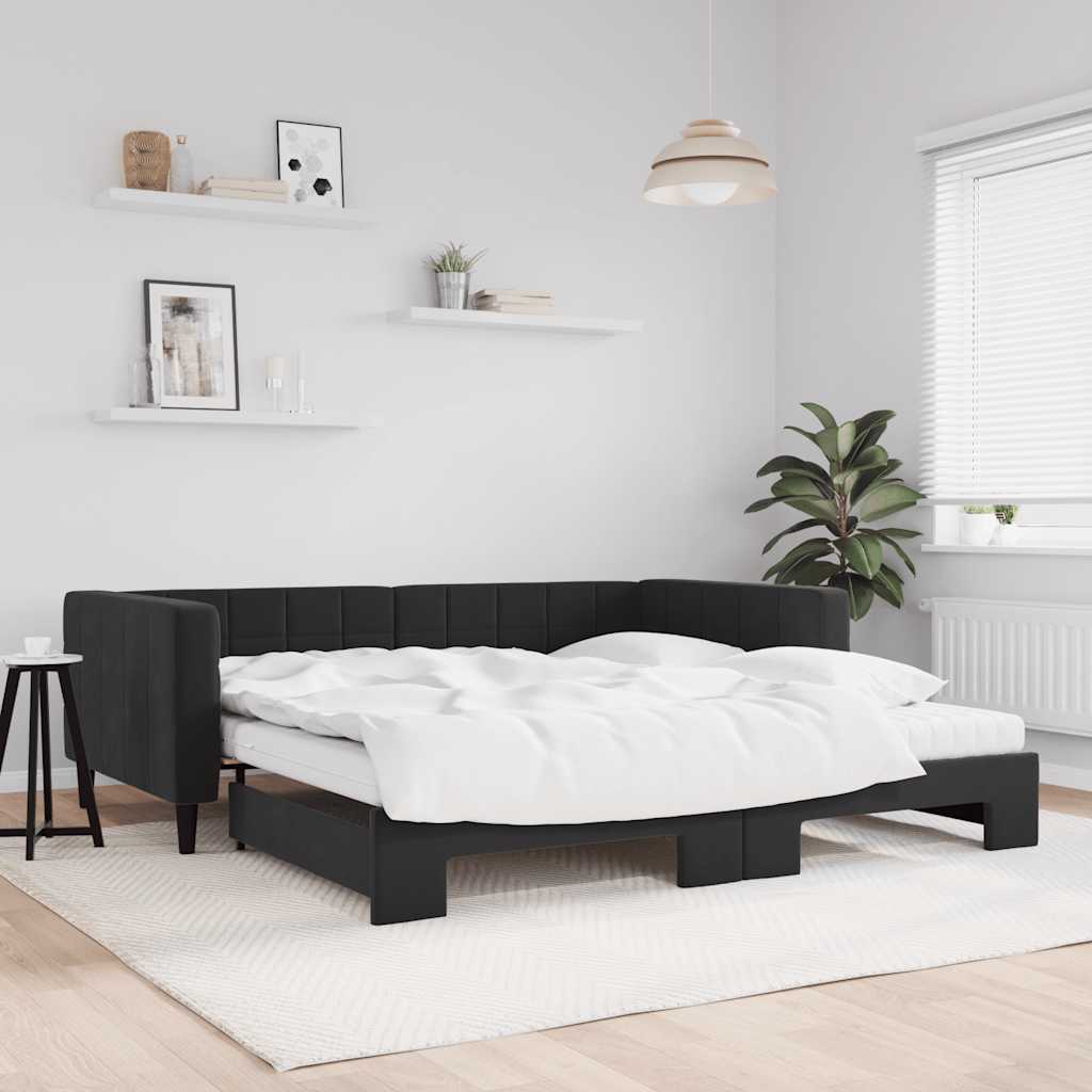 Dark Grey Velvet Trundle Sofa Bed with Mattress 90x200 cm