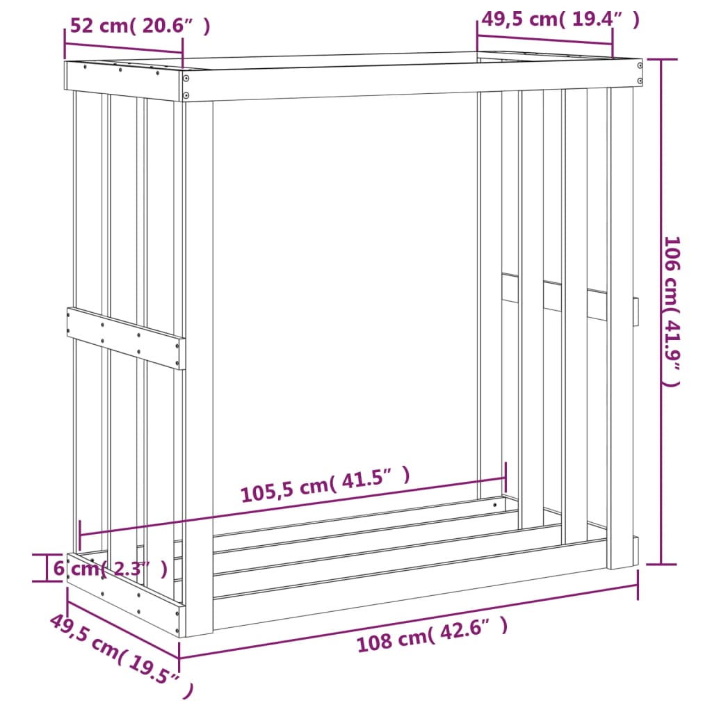 Soporte para leña de exterior madera maciza pino 108x52x106 cm