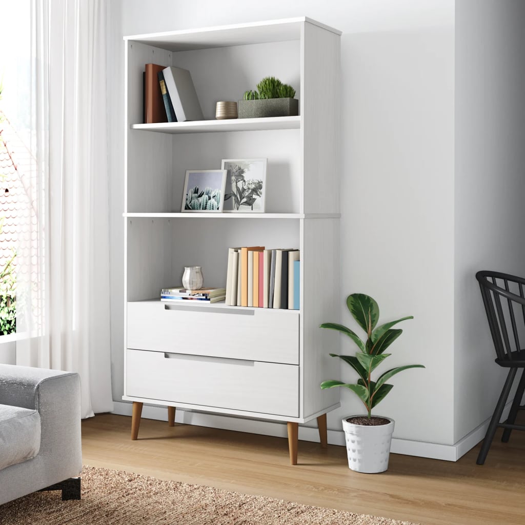 OTTA solid brown pine wood bookcase with 2 drawers