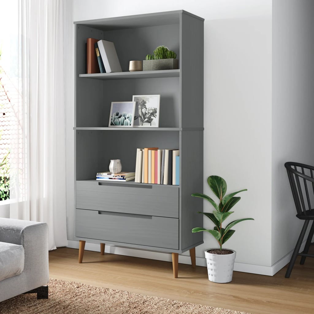 OTTA solid brown pine wood bookcase with 2 drawers