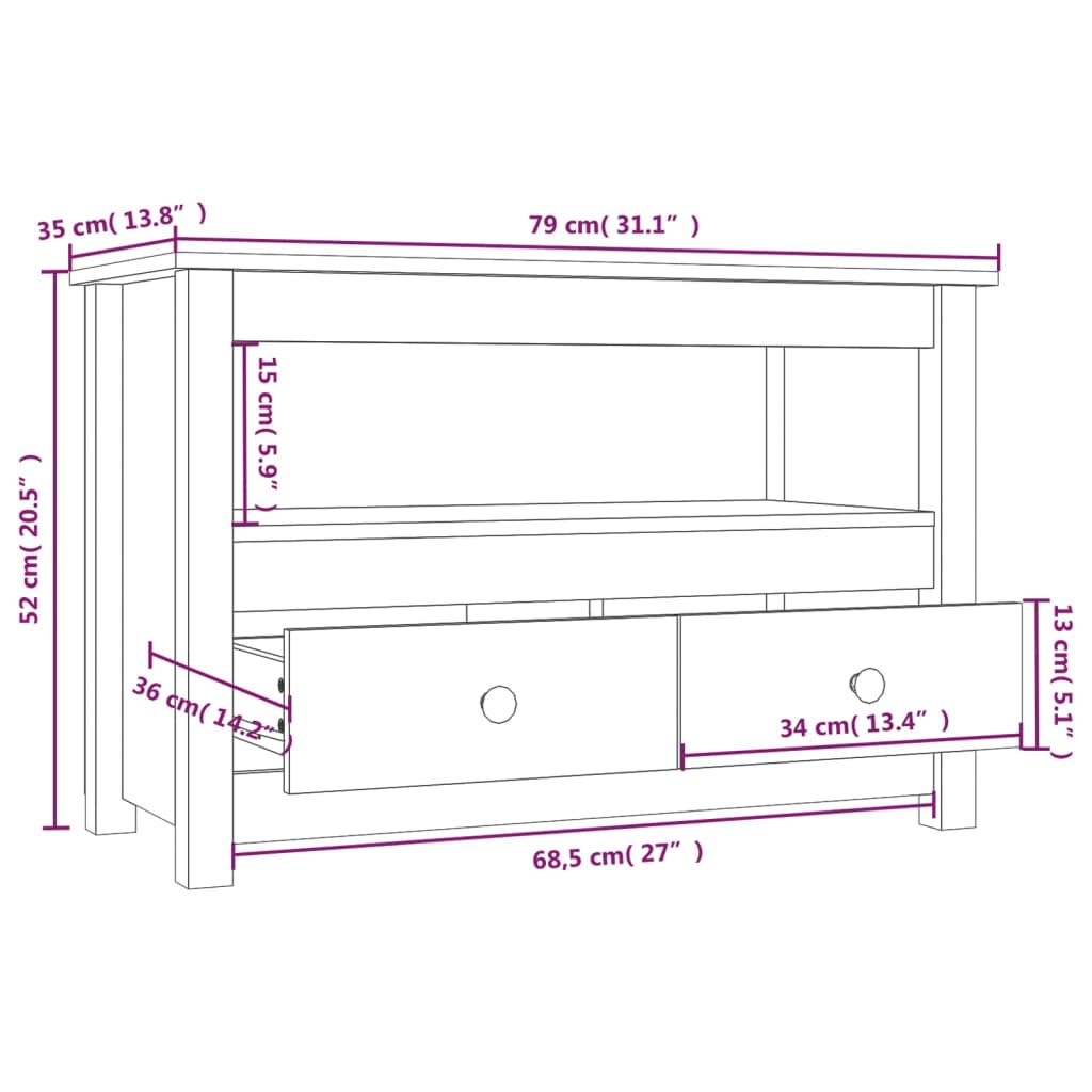 Mueble de TV de madera maciza de pino 79x35x52 cm