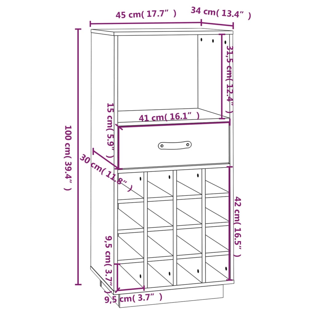 Botellero de madera maciza de pino 45x34x100 cm