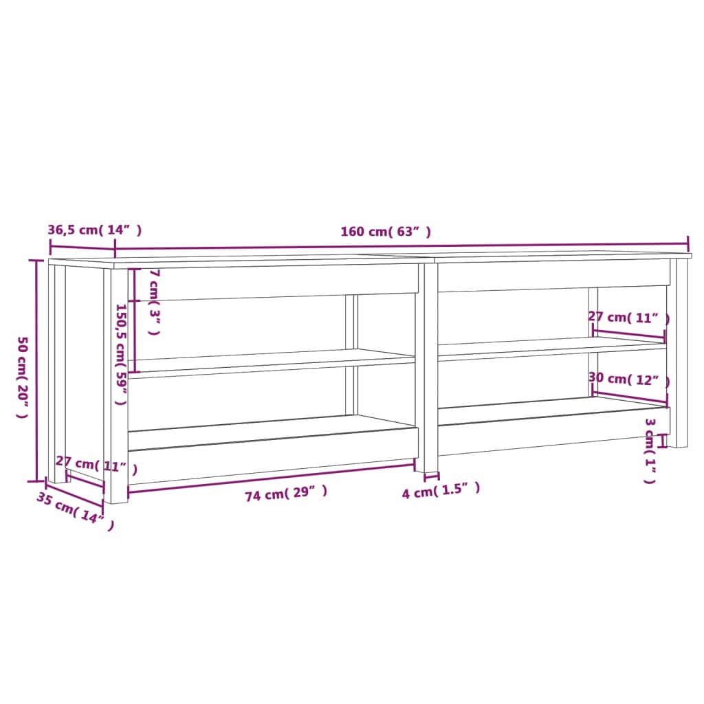 Zapatero de madera maciza de pino 160x36,5x50 cm