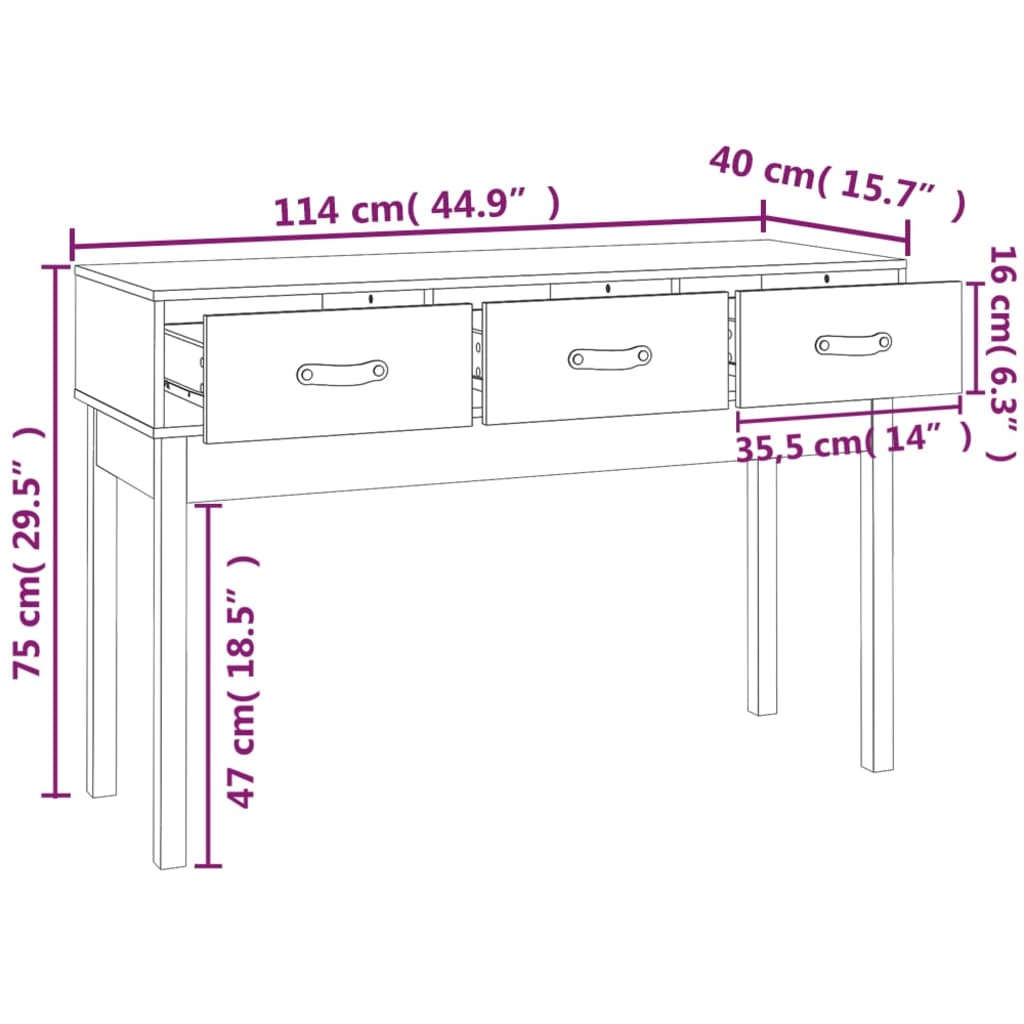 Mesa consola de madera maciza de pino blanco 114x40x75 cm