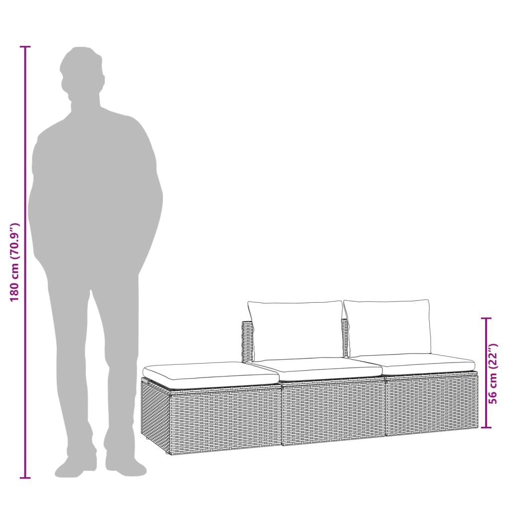 Set de muebles de jardín 3 pzas y cojines ratán sintético gris
