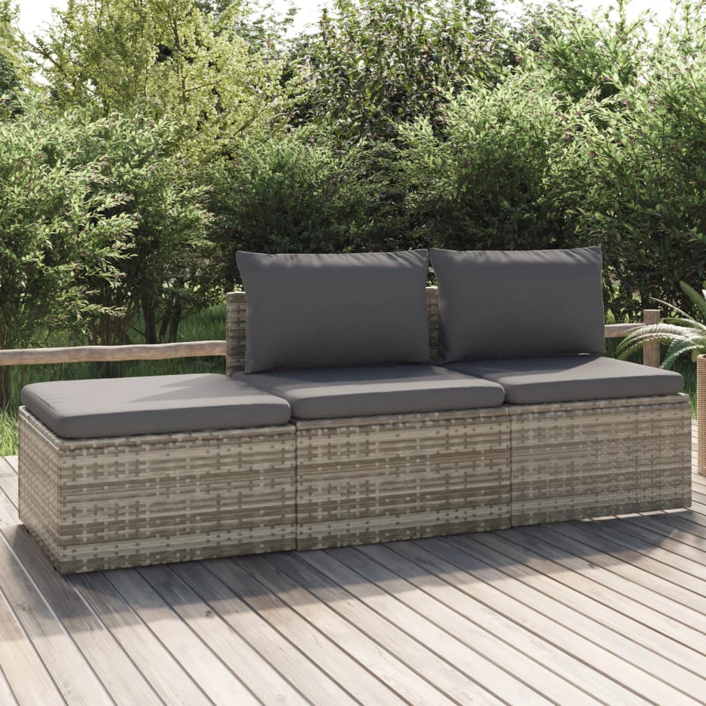 Set de muebles de jardín 3 pzas y cojines ratán sintético gris
