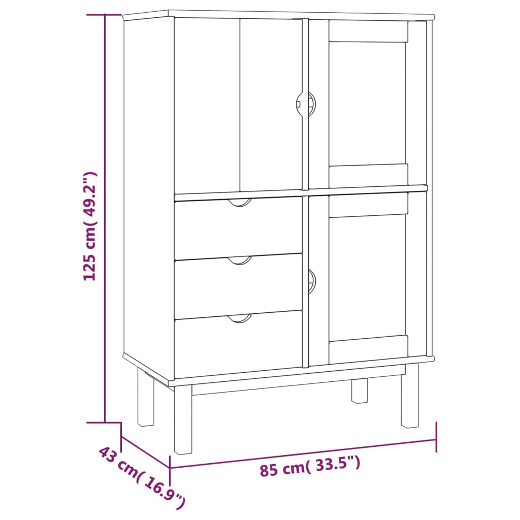 Aparador de madera maciza de pino 85x43x125 cm