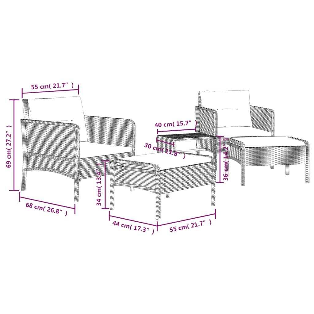 Set muebles de jardín 5 piezas y cojines ratán sintético marrón