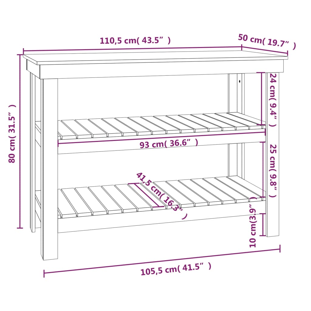 Banco de trabajo de madera maciza de pino 110,5x50x80 cm