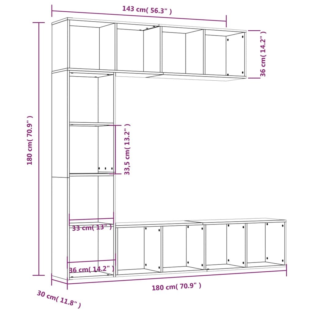 Set de estantería/mueble TV 3 pzas gris Sonoma 180x30x180 cm