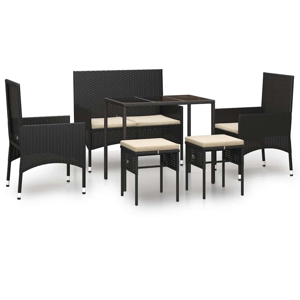 Set muebles de jardín 6 piezas y cojines ratán sintético negro
