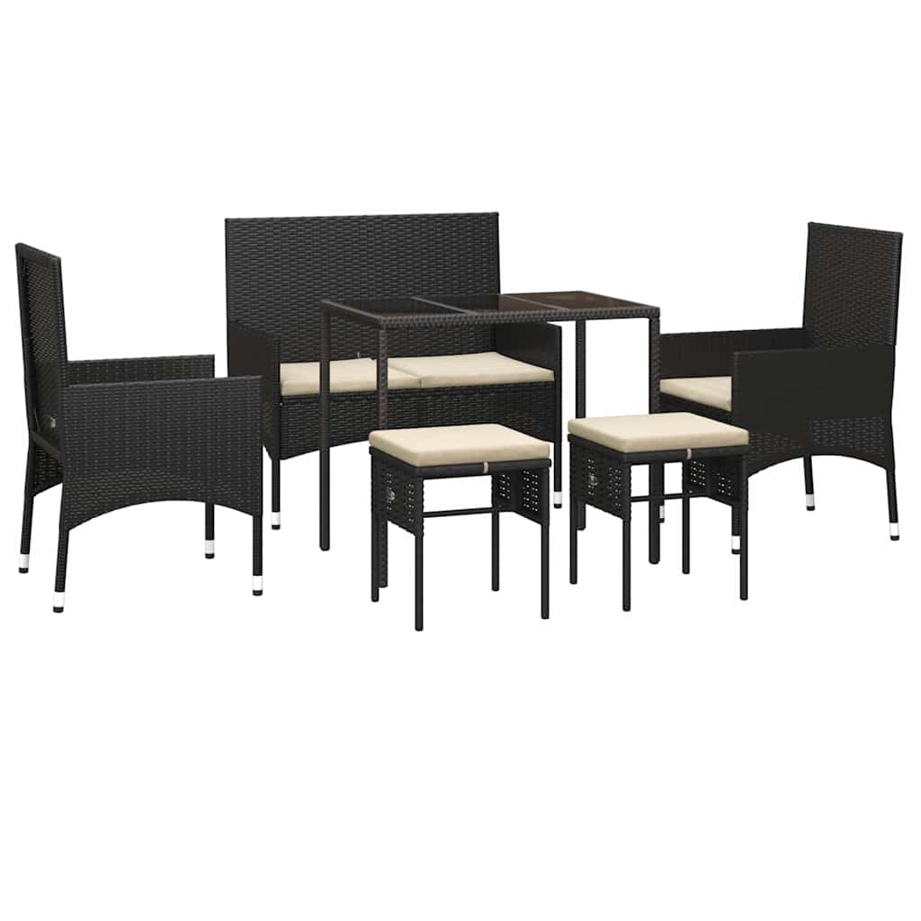 Set muebles de jardín 6 piezas y cojines ratán sintético negro
