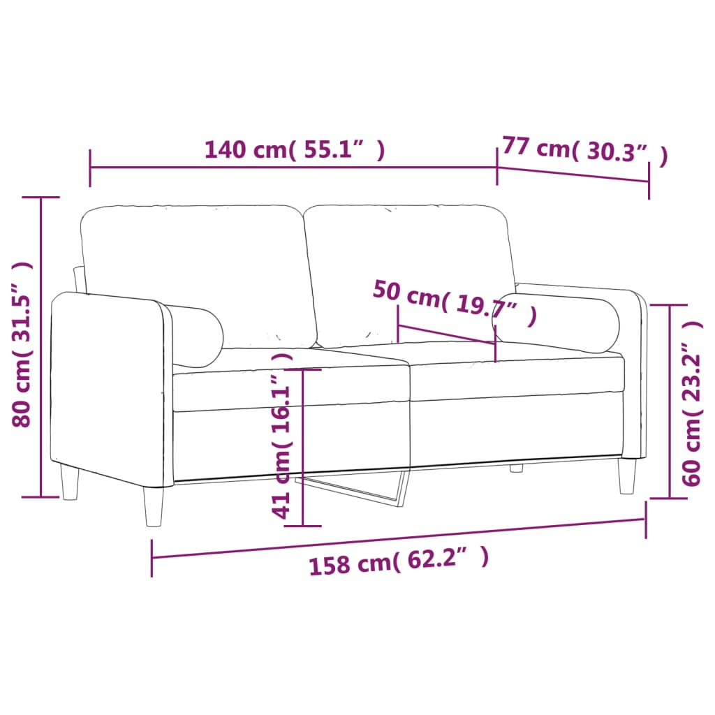 Sofá 2 plazas almohadas y cojines terciopelo gris claro 140 cm
