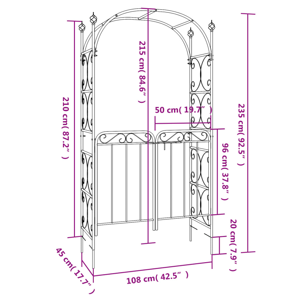 Arco de jardín con puerta acero negro 108x45x235 cm