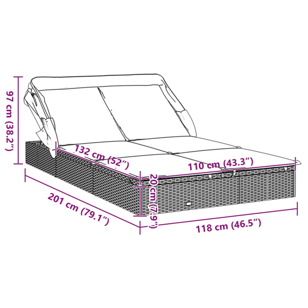 Tumbona 2 personas toldo plegable ratán PE gris 213x118x97 cm