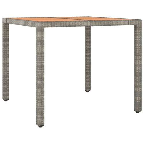 Grey PE rattan garden table and solid acacia wood top