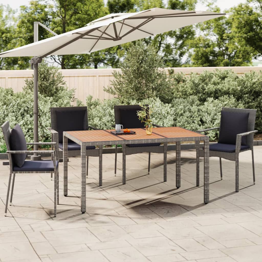 Grey PE rattan garden table and solid acacia wood top