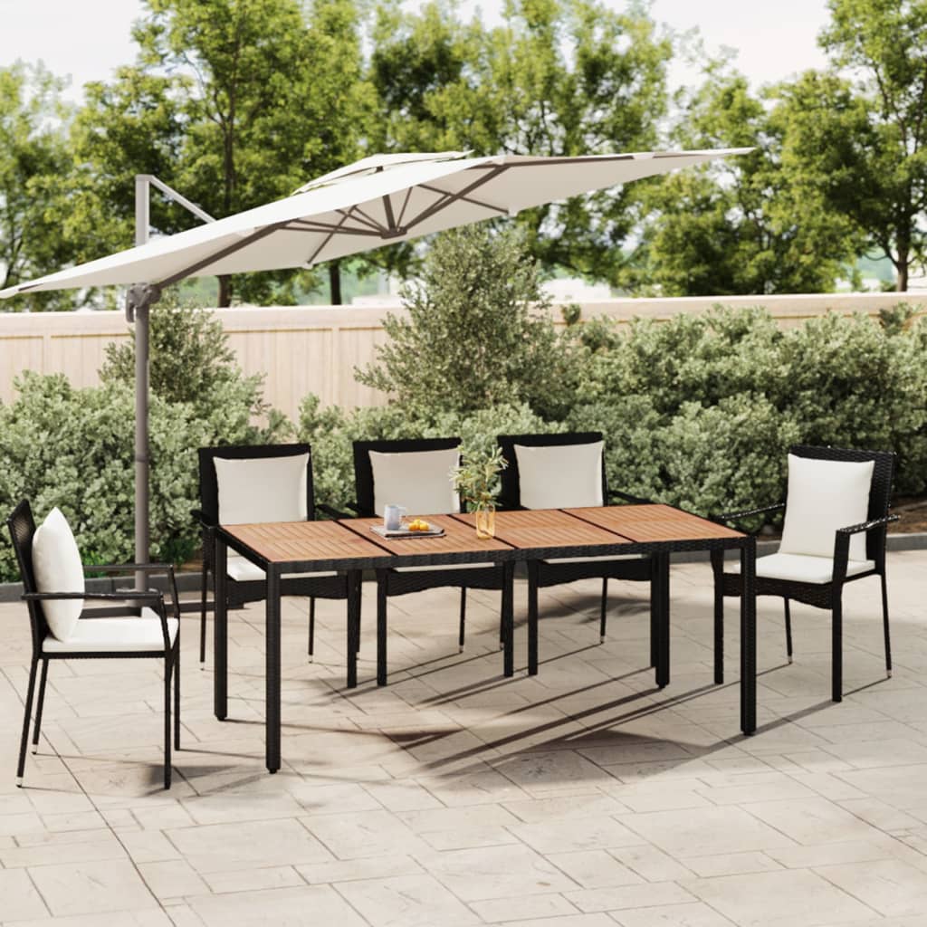 Grey PE rattan garden table and solid acacia wood top