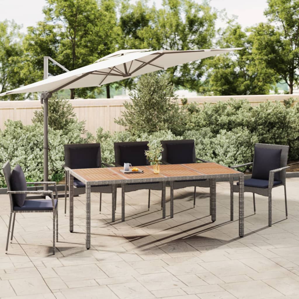 Grey PE rattan garden table and solid acacia wood top