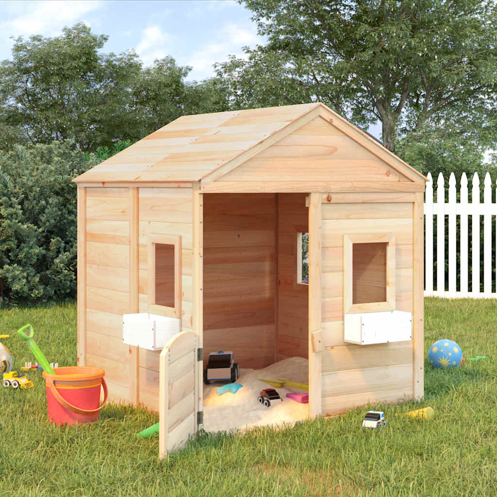 Casa de juegos con puerta con cierre y macetas madera abeto