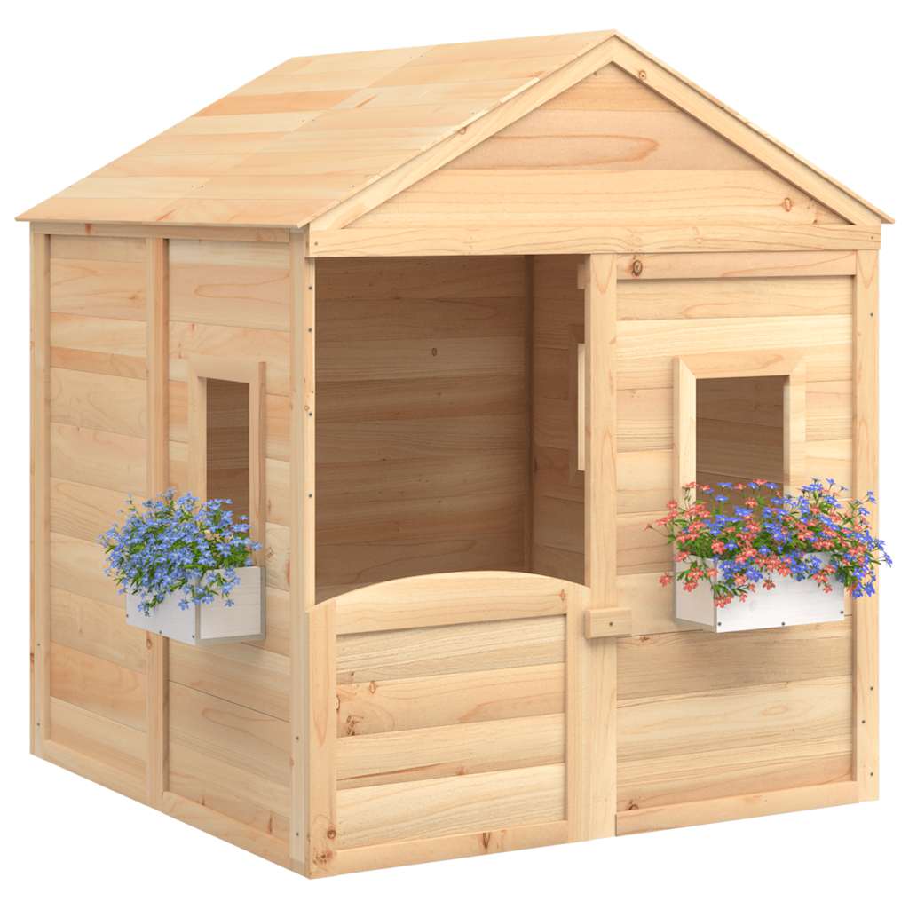 Casa de juegos con puerta con cierre y macetas madera abeto