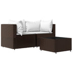 Set muebles de jardín 3 piezas y cojines ratán sintético marrón