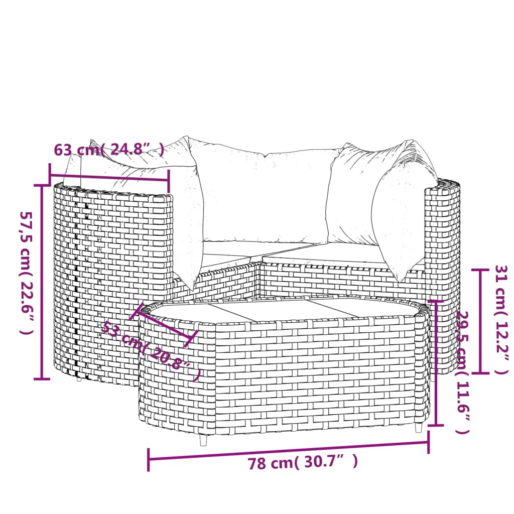 Set muebles de jardín 4 piezas y cojines ratán sintético marrón