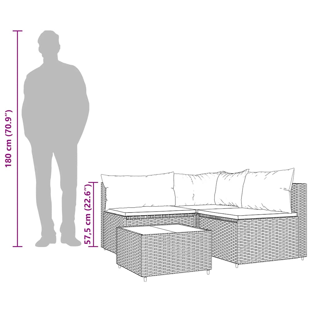 Set muebles de jardín 4 piezas y cojines ratán sintético marrón