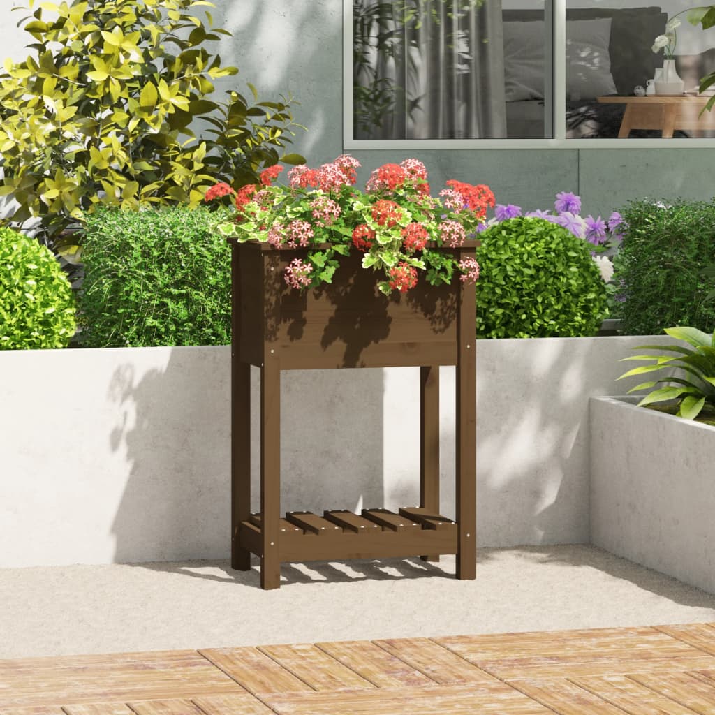Jardinera con estante de madera maciza de pino 111,5x54x81 cm